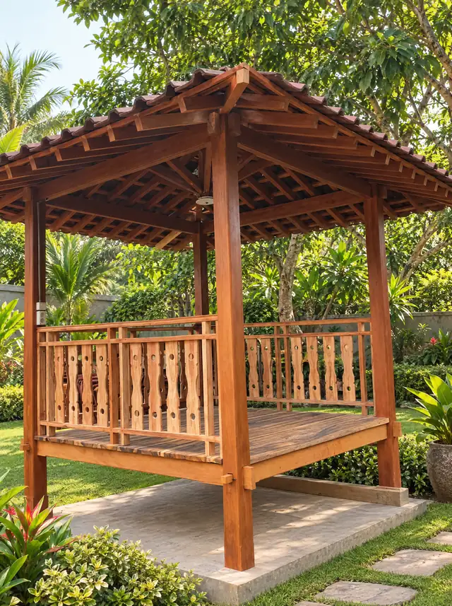 Gazebo kayu dengan lantai panggung dan pagar bubut dilihat dari sudut; taman di sekitarnya visualisasi