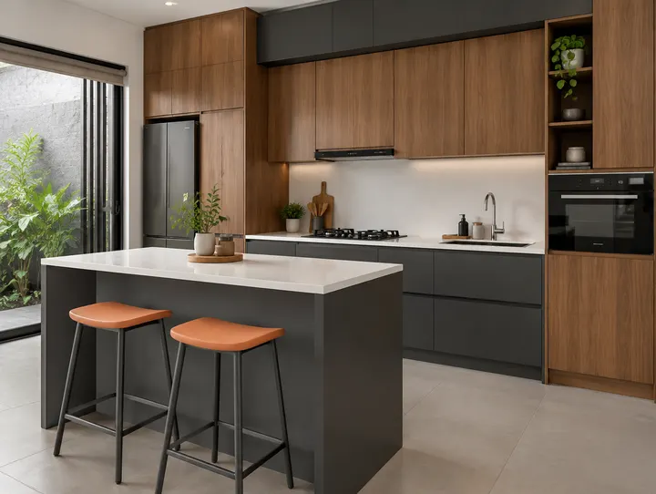 Visualisasi kitchen set grafit dan kayu walnut dengan meja island dan dua kursi bar