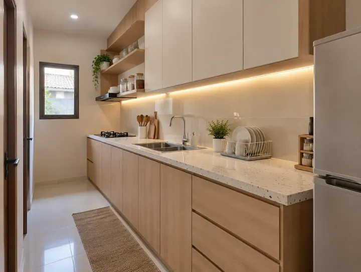 Visualisasi kitchen set lurus minimalis untuk dapur sempit dengan rak terbuka dan lampu di bawah kabinet